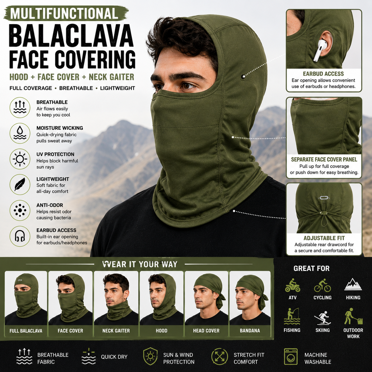 Balaclava Face Covering w/ Earbud Access